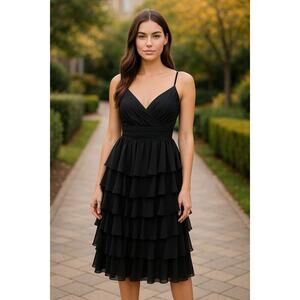NWT Mac Duggal Black Sleeveless Multitiered Skirt Tea Length Dress Size 14